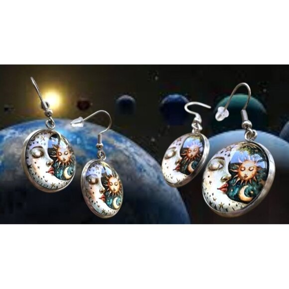Moon Star Sun Earrings Navy Blue Eclectic Planet Astrology Zodiac Celestial Taro - Picture 4 of 12